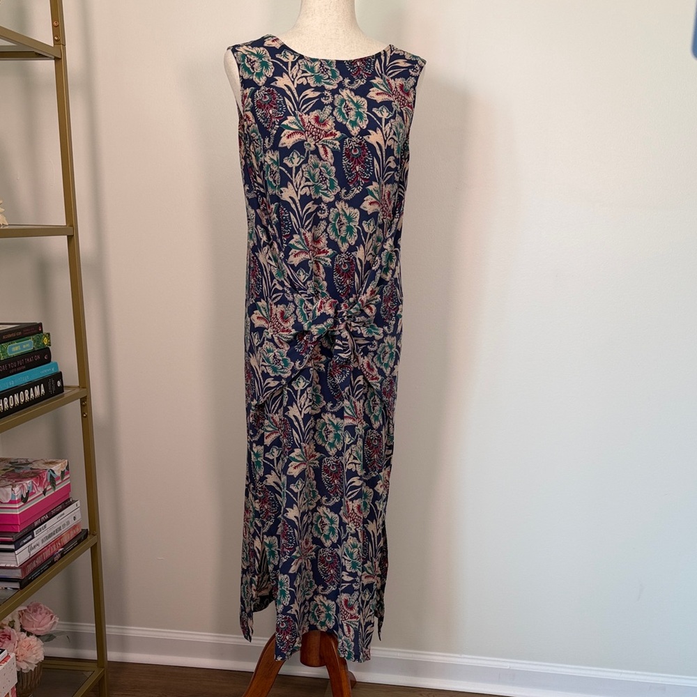 VintagModa International Navy Floral Midi Dress with Teal and Cream Floral Print